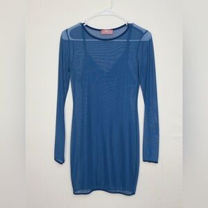 LUX LA women’s Size M Blue Mesh Overlay Dress Set Slip  Long Sleeve Stretch(E17)